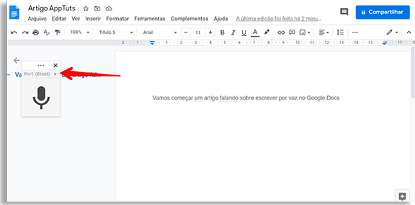 google docs screen with microphone button and red arrow pointing to the language menu located just above the button