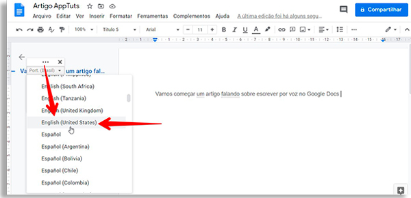 google docs screen with list of languages ​​to choose to write by voice