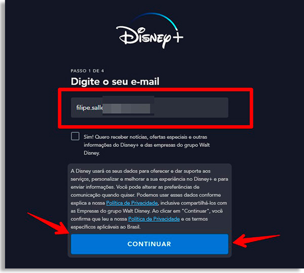 disney + registration screen, with text box to include email
