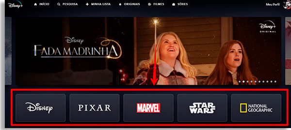 disney + home screen, with the platform highlights. Red square highlights the five main service categories