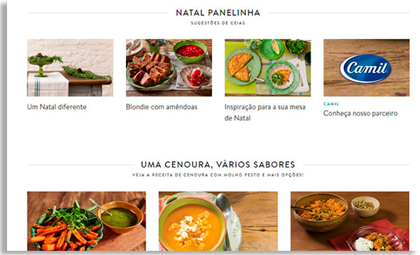 screenshot of the home page of the panel site, showing two horizontal rows with four recipes each. Each row shows a different category of revenue