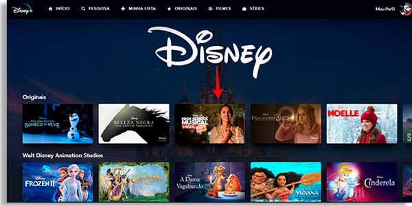 Disney works screen of the service, with red arrow pointing to where the contents are