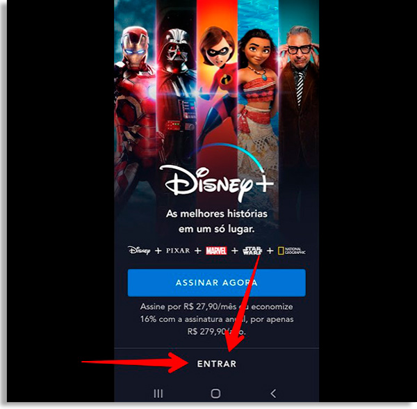 Disney + mobile home screen with red arrow pointing to Enter button