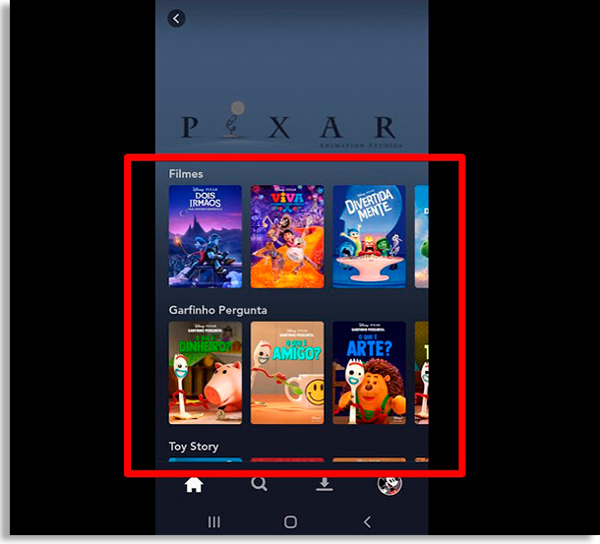 screen of the category pixar on disney + for mobile