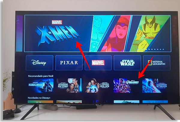 disney + home screen, with red arrows pointing to the various contents
