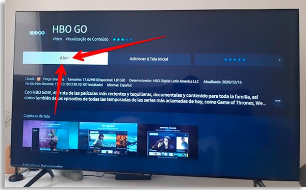 hbo go application screen with red arrows pointing to the Open button