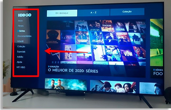 hbo go home screen with left side menu open and highlighted by arrow and red border box